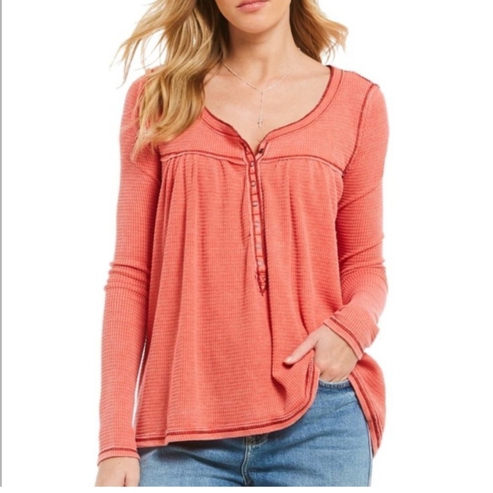 Free People Coral Waffle Knit Long Sleeve Henley Top